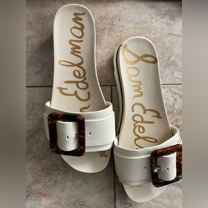 Sam Edelman Cream Brown Tortoise buckle slides Sandals